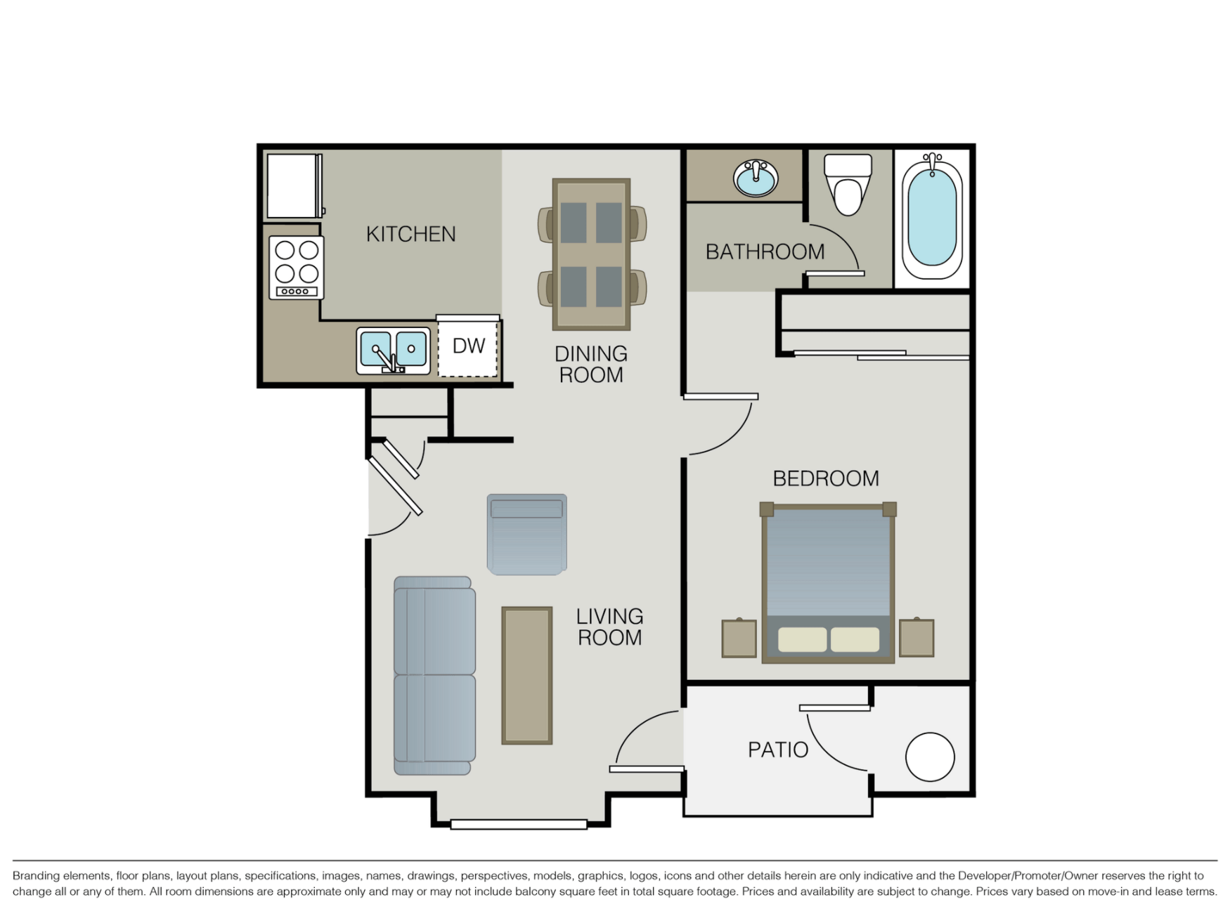 Floor plan for 1 bed, 1 bath, 535 sqft